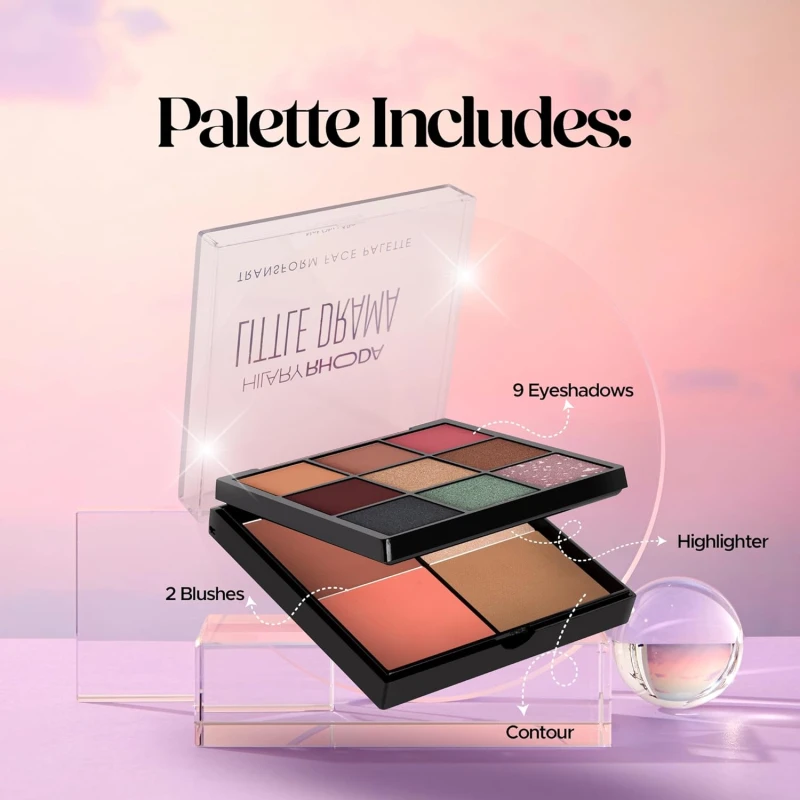 Hilary Rhoda Transform Face Palette | All-in-One | 9 Eyeshadows, 2 Blushes, Highlighter & Contour | Matte + Shimmer Finish | Highly Pigmented | Travel Friendly Makeup Kit (Little Drama - Shade 02) – 18g - Thumbnail 4